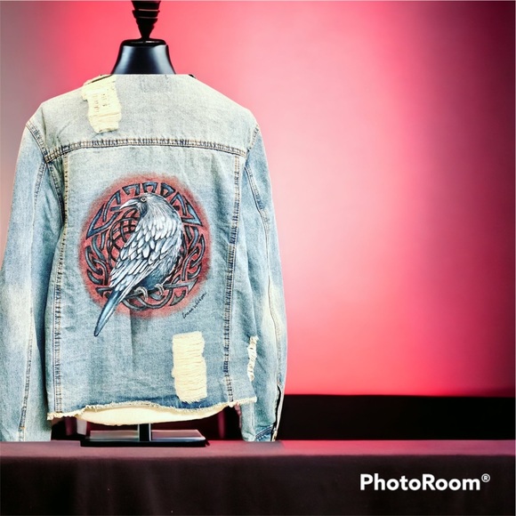 Cisono Jackets & Blazers - Raven Gothic Handpainted on new distressed denim jacket SZ XL womens Crow